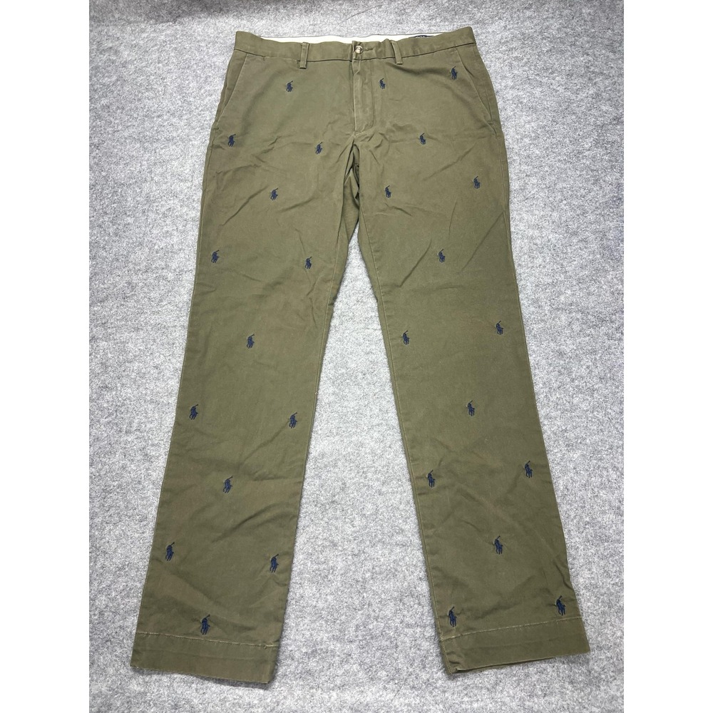 Polo Ralph Lauren Pants Mens 34x32 Green Slim Chino Embroidered Small Pony AOP
